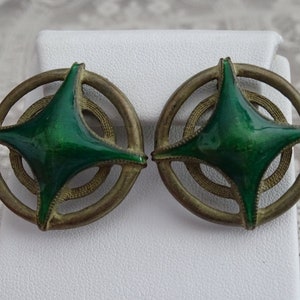 Unusual Vintage Enameled Earrings, Emerald Green Enamel on Metal, 1 1/4" Wide Circular Pierced Earrings, Post Style Statement Jewelry