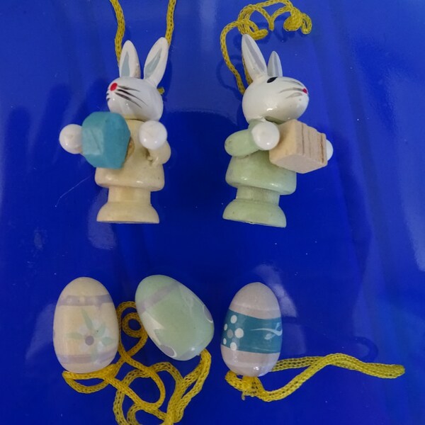 Vintage Mini Easter Ornaments, Set of 5 Ornaments, Hand Painted Wood, 2 Musical Bunnies & 3 Decorated Eggs, Little Easter Hanging Decoration