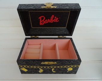 Vintage Barbie Jewelry Box, 1990's Barbie Kid's Trinket Box, Little Black Box, Charm Bracelet Design, Small Petite Little, Cute Barbie Gift