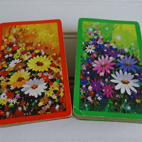 Vintage Flowered Playing Cards, Set of 2 Floral Decks, Hoyle Double Deck Bridge Set, Plastic Coated Game Cards, Mid Century Game Night