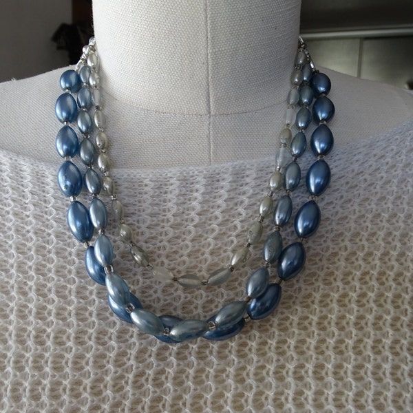 Vintage Blue Beaded Necklace, Mid Century Fashion, Triple Strand Style, Shades of Blue Jewelry, 1950's Woman's Necklace, Costume Jewelry