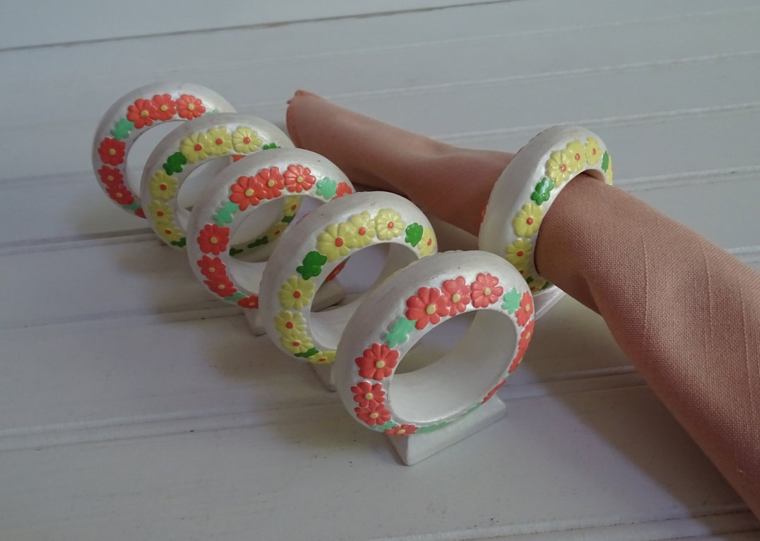 Vintage 70's Napkin Rings, Set of 6 Stand up Serviette Holders, Hand