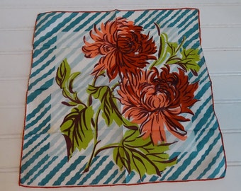 Vintage Floral & Stripes Handkerchief, Unusual Colored Hankie, Rust Coral Mums, Teal Blue Stripes, 12" Cotton Flowered Hankerchief