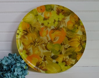 Vintage 1960's Serving Tray, Round Fiberglass Tray, Orange Yellow & Green Fruit Veggie Motif, 14" Indoor Outdoor Server Platter, Mid Century