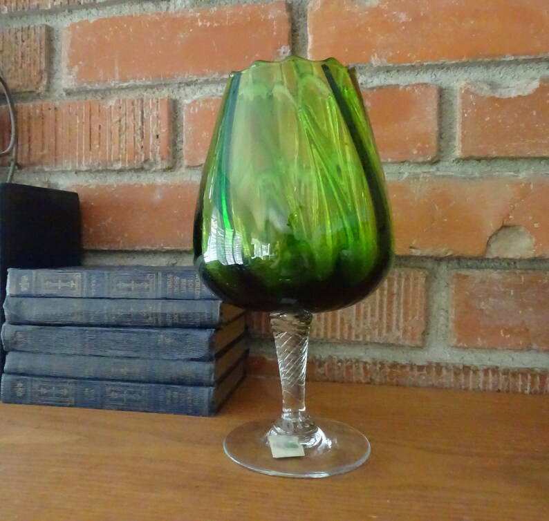 Vintage Green Glass Goblet Mid Century Goblet Vase Hand Etsy
