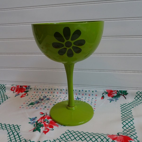 Groovy 1960s Tall Goblet, Lime Green Plastic & Avocado Daisy Flower, 9' Tall Decorative Bowl on Stem, Funky Fruit or Candy Dish, Fun Planter