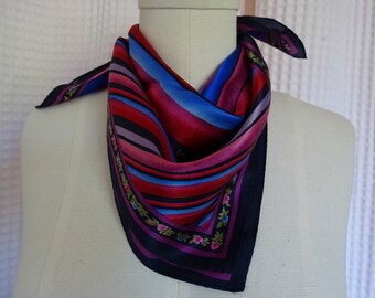 Vintage Stripes & Flowers Scarf, Jones NY Designer Silk Scarf, 21" Colorful Neck Wrap, Hot Pink Blue Red Green Lavender Black,