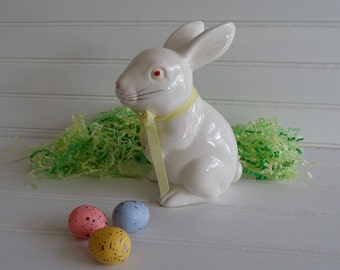 Vintage White Rabbit Figurine, 6" Ceramic Easter Bunny, Hand Painted Rabbit, Easter Holiday Decor, Spring Decoration, Takahashi Japan