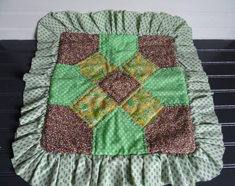 Funky 70's Pillow Sham, Earthtone Quilted Pillow Cover, 1970's Home Decor, Homemade Patchwork Quilt Pillow Case, Lime Green Brown Floral