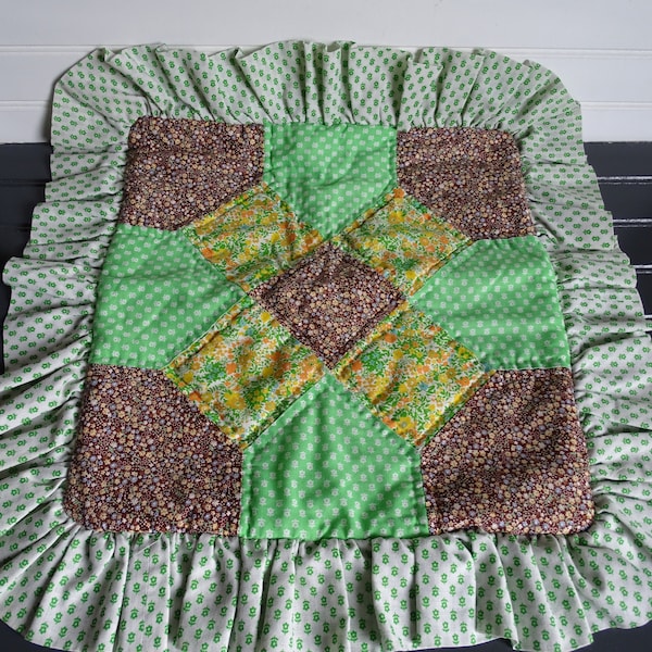 Funky 70's Pillow Sham, Earthtone Quilted Pillow Cover, 1970's Home Decor, Homemade Patchwork Quilt Pillow Case, Lime Green Brown Floral