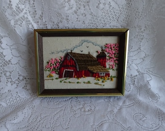 Vintage Barn Needlepoint Picture, Hand Made Red Barn , 1978 Signed, Framed Needlwork Decoration, Country Farmhouse Style, Hand Sewn Canvas