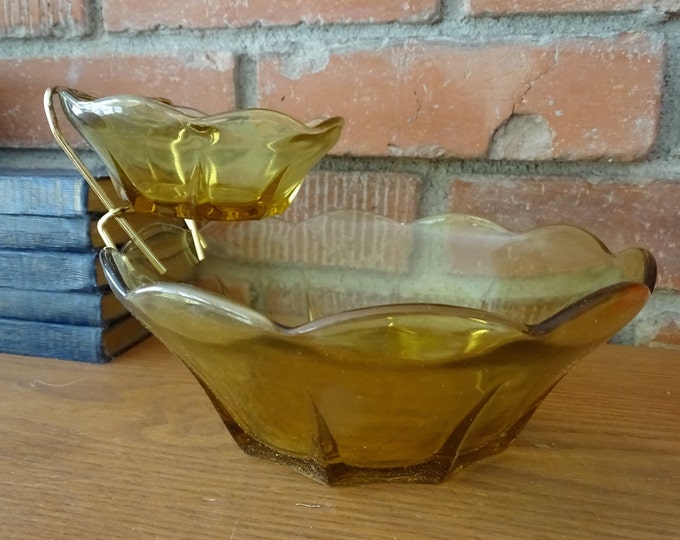 Vintage Chip & Dip Set, 1960's Swedish Modern Design, Honey Gold Glass