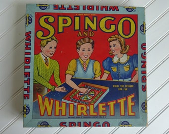 Vintage Spingo & Whirlette Game, 1940 Transogram Game, Mid Century Childrens Activity, Spinner Board, Wooden Game Pieces, Instruction in Lid