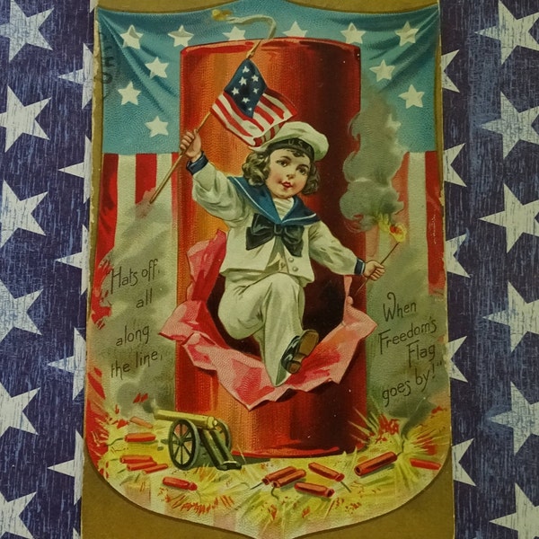 Antique July 4th Post Card, 1909 Freedom's Flag Greeting, Sailor Boy in Firecracker with Flag, Raphael Tuck Independence Day Series #109