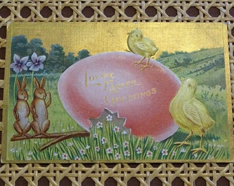 Antique Easter Post Card, Early 1900's Easter Greetings, Pink Easter Egg, Rabbits & Chicks, Vintage Easter Decoration, Holiday Ephemera