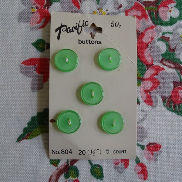 Vintage Mint Green Buttons, Unused Set of 5 Pacific Fasteners, 1/2" Green Buttons on Original Card, Pacific #804 Made in Japan, Size 20