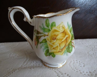 Vintage Yellow Rose Creamer, Royal Albert Bone China, Made in England, Tea Rose Pattern, Gold Metallic Accents, Individual Creamer Pitcher