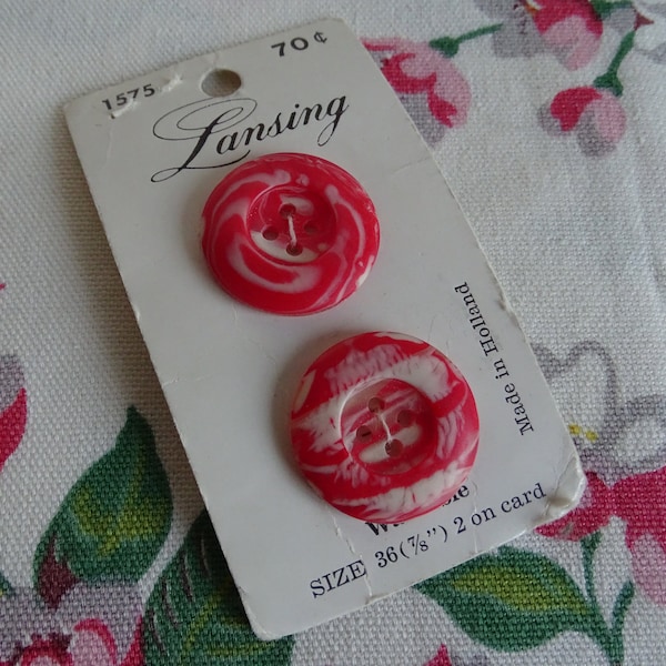 Unused Vintage Buttons, Red & White Marbeled Fasteners, Lansing 2 On Card, Made in Holland, Never Used Buttons, 7/8" Size 36 Ligne, 4 Hole