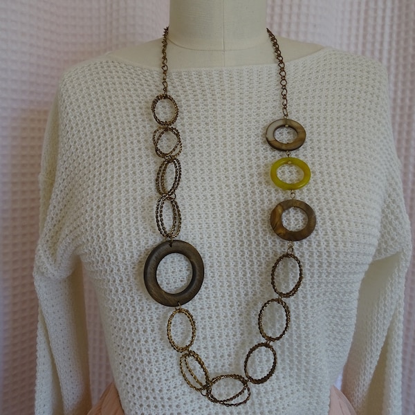 Vintage Designer Chain Necklace, Daisy Fuentes Jewelry, Bold Statement, Mixed Metal & Shell Circles, 36" Length Necklace, Eclectic Style