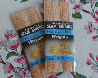 Vintage Peach Lace Seam Binding, 1980's Unused Sewing Supply, Wright's Flexi-Lace #116305, 2 Packs of 3 Yards, Peach #60, Hem Finishing