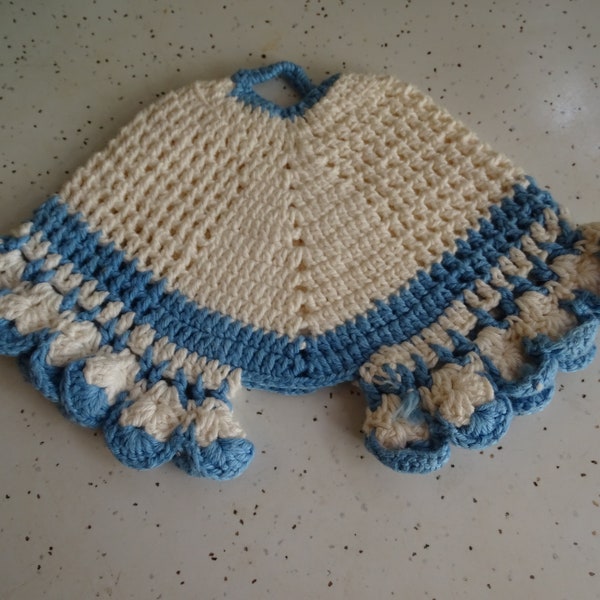 Vintage Crocheted Pot Holder, Blue & White Bloomers. Mid Century Handmade Kitchen Decor, 1950's Kitschy Fun Cook's Helper, Ruffled Hot Pad