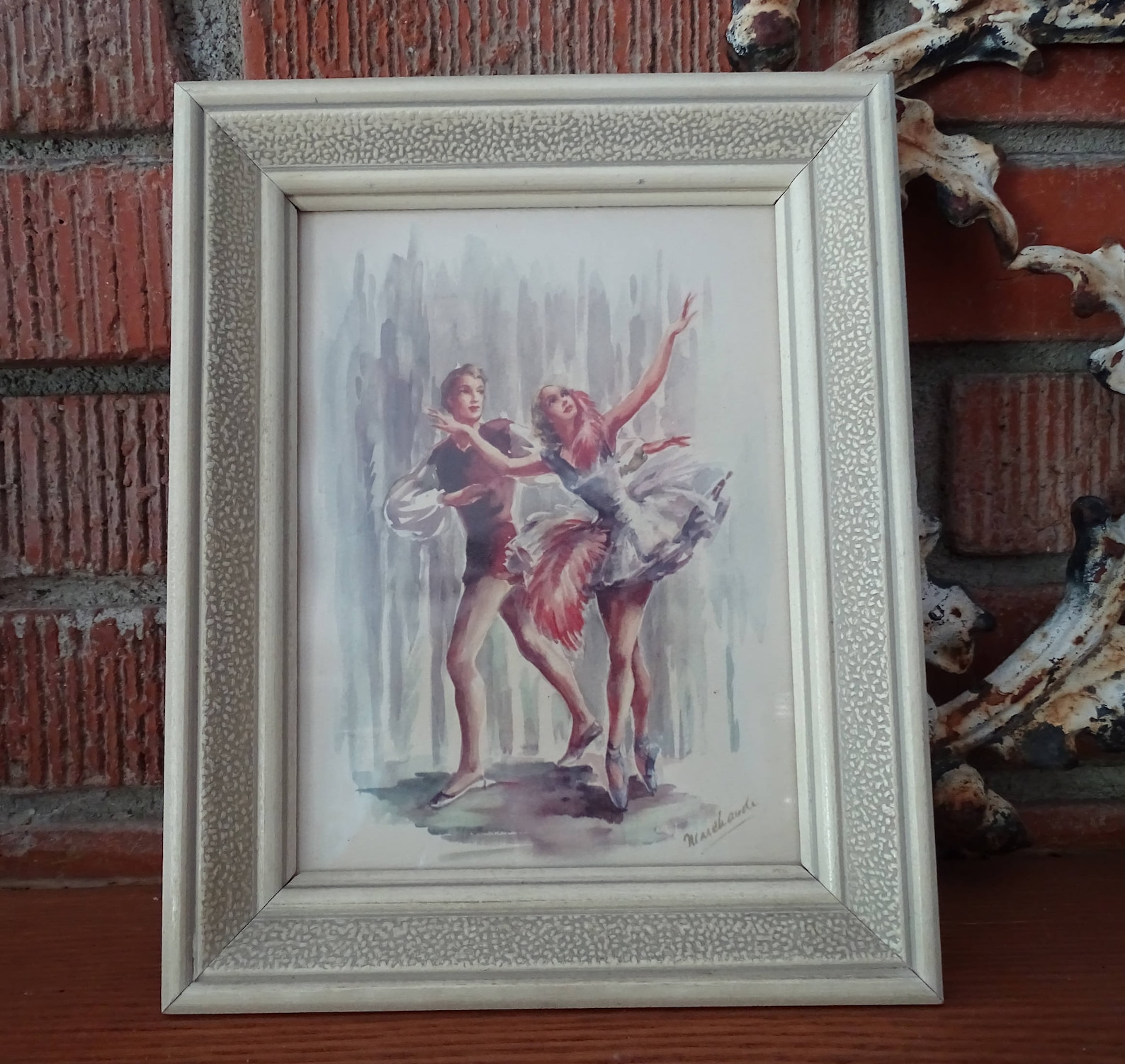 1950's framed ballet print by marchaude, ballet pas de duex picture, ballerina en pointe with tutu, dancers wall art, mid ce