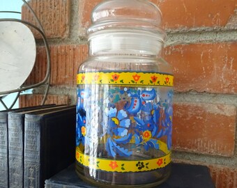 Vintage Glass Canister, Blue & Yellow Kitchen Storage Jar, Folk Floral Design, Country Farmhouse Decor, 6 1/2" Tall  Canister with Lid