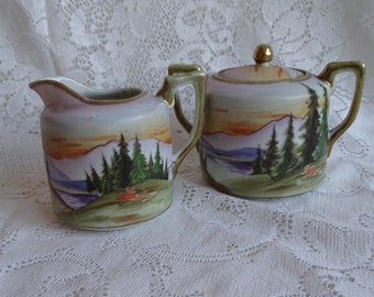 Antique Cream & Sugar Set, Hand Painted Nagoya Nippon Porcelain, Forest Mountain Scene, Large Covered Sugar Pot, Japanese Porcelain