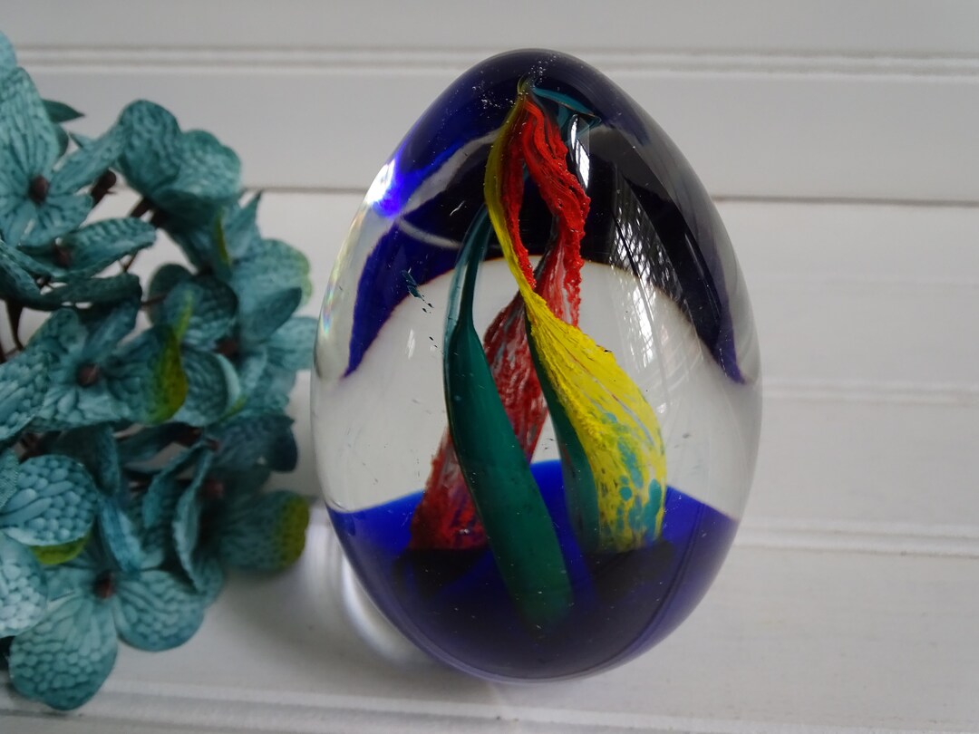 Large Egg Shaped Glass Paperweight, Hand Blown Art Glass, Tricolor