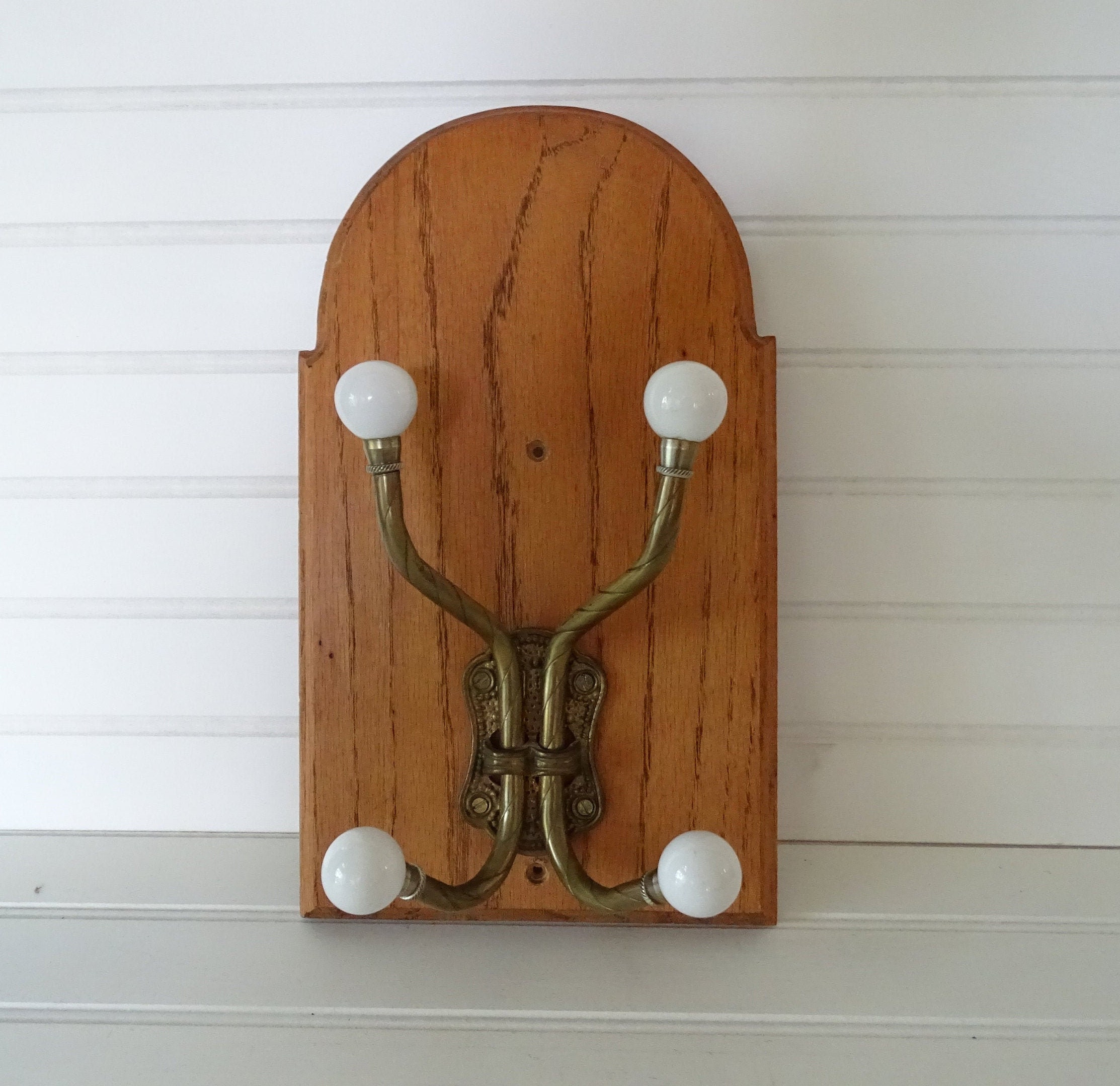 Vintage Double Coat Rack Oak With Brass Hooks Pegged Hat Etsy