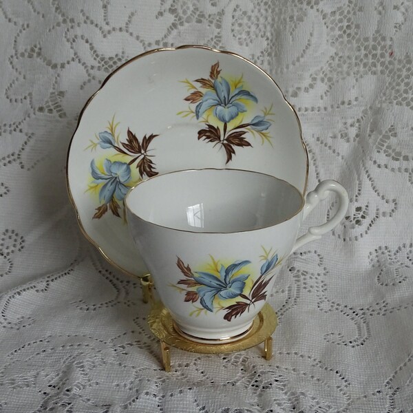 Vintage Blue Iris Tea Cup & Saucer, Royal Ascot Bone China, English Porcelain, Blue Green Floral Tea Cup, Gold Accents, Made in England
