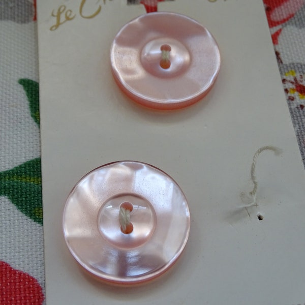 Pale Pink Vintage Buttons, Set of 2 Le Chic Fasteners, Pearlized Finished, 2 Hole 7/8" Pink Buttons, 1970s Le Chic #2395, Replacement Update