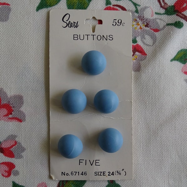Vintage Round Blue Buttons, 5 on Original Card, Half Round Style Shank Buttons, Sears #67146 Advertising, Size 24 or 5/8" Wide Fasteners