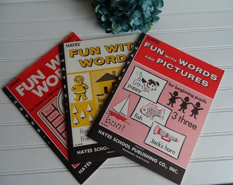 Unused Vintage Teacher's Books, CHOICE of 3 Word & Picture Booklets, Mid Century Learning, Hayes School Publishing, Fun Teaching Graphics