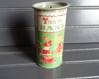 Vintage Metal Treasure Bank, Mid Century Kid's Bank, Cylindrical Coin Holder, Kid's Play Pirate & Find Treasure, Top Comes Off, 4 3/4" Tall