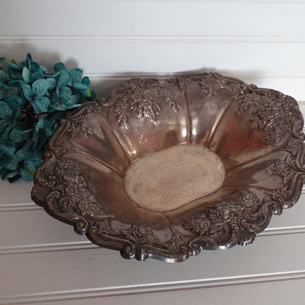 RESERVED for Micalia ~ Antique Ornate Metal Bowl, Large Silver Plated Serving Dish, Early 1900's Art Nouveau Era, Vintage Metal Bowl