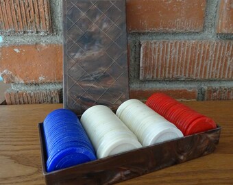 Vintage Poker Chips & Storage Box, 1960's Poker Chip Caddy Includes 100 Chips, Card Game Organizer, Dealer Chip Tray