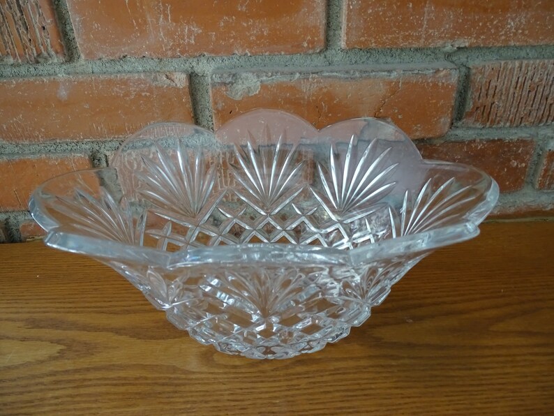 Vintage Cut Glass Bowl Heavy Glass Fruit Bowl Scalloped Etsy