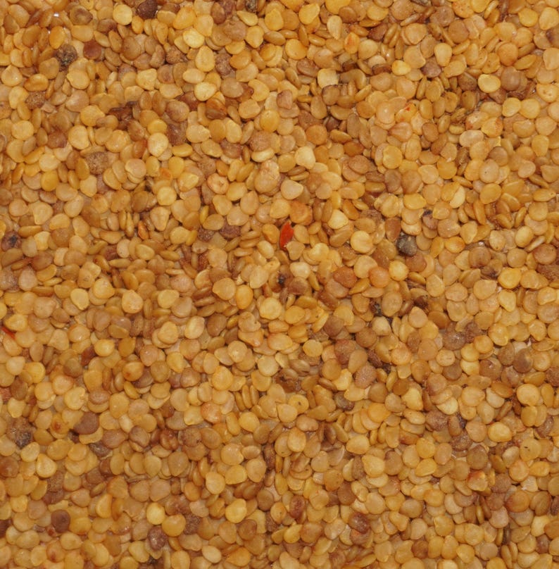 May include: A close-up view of a pile of small, light brown peppercorns.