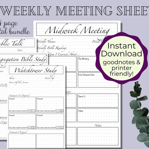 JW Weekly Meeting Sheets Weekend & Midweek Meeting Journal Etsy