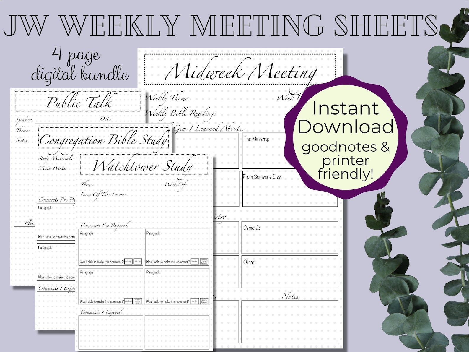 JW Weekly Meeting Sheets Weekend & Midweek Meeting Journal Printable