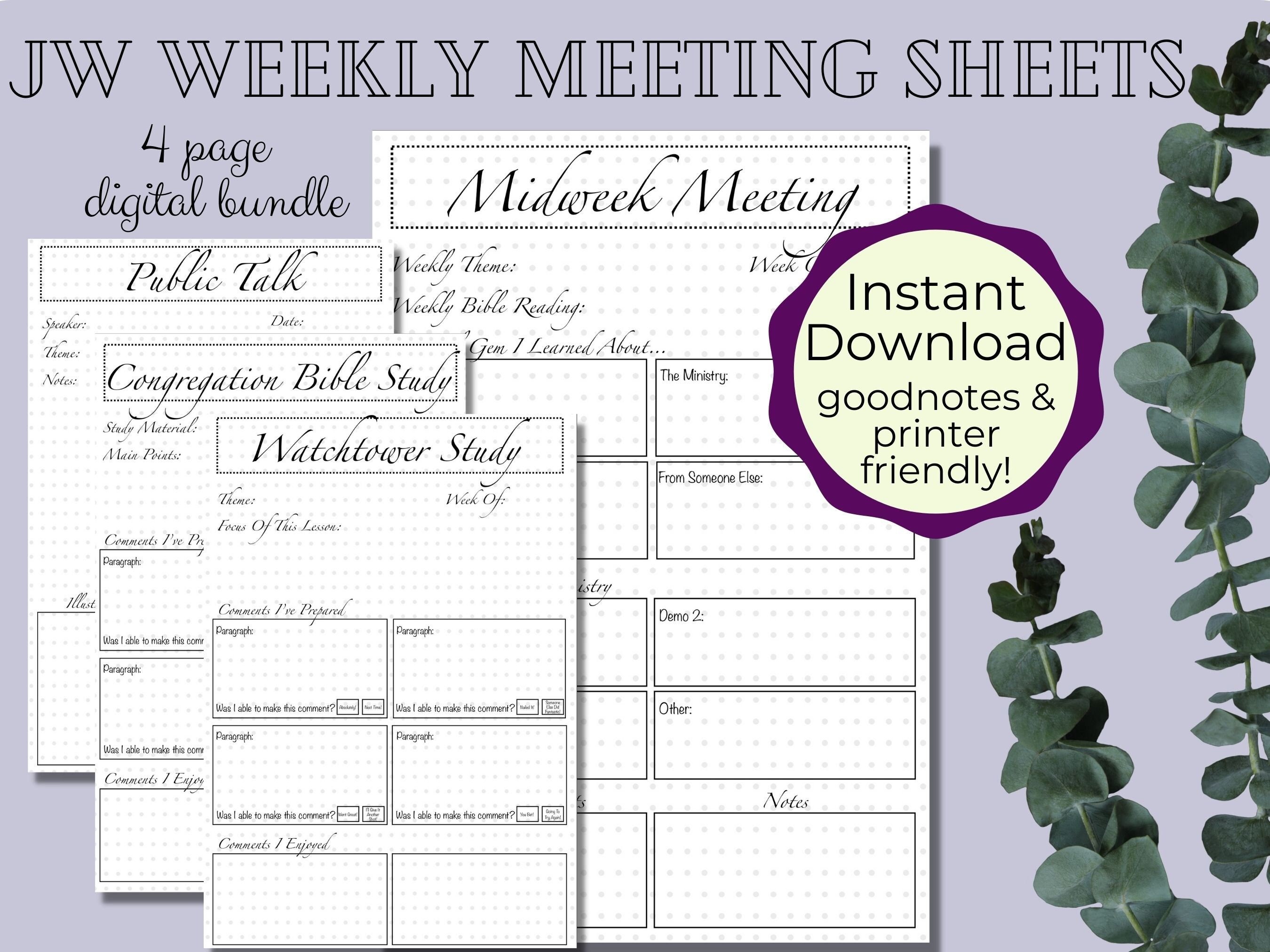JW Weekly Meeting Sheets Weekend & Midweek Meeting Journal Etsy