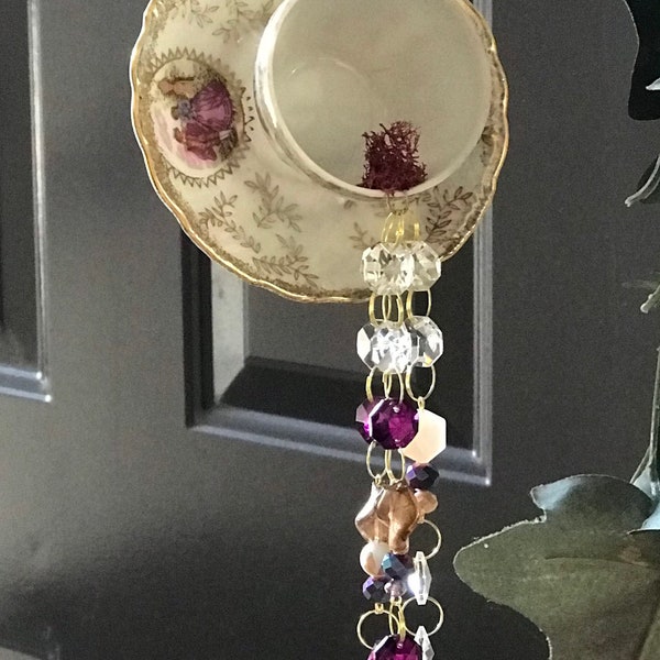 Vintage teacup and saucer crystal wind chime, sun catchers, memorial chimes, memorial gifts