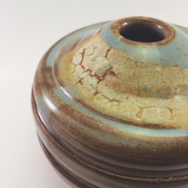 Handmade Stoneware Pottery Orb Vase – Light Blue Shino, White Crackle, Red Iron Oxide