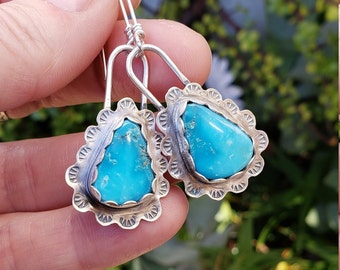 Turquoise Tears Dangle Earrings Sterling Silver Southwest Cowgirl Western Hippie Gypsy Bohemian Hand Stamped Blue Love Triangles Droplets