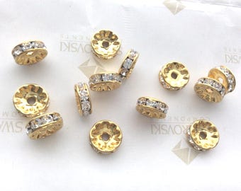 6 pieces Swarovski Crystal 10mm Gold Plated Rhinestones Rondelle Spacer Beads