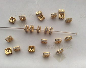 10 pieces Swarovski 4mm Crystal Rhinestones Gold Plated Square Spacer Beads