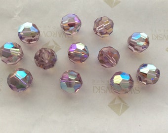 12 pieces Vintage Swarovski #5000 10mm Crystal Light Amethyst AB Round Faceted Beads