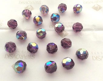 12 pieces Vintage Swarovski #5000 10mm Crystal Amethyst AB Round Faceted Beads