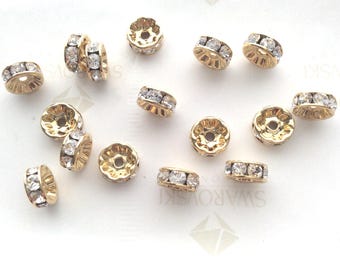 10 pieces Swarovski Crystal 8mm Gold Plated Rhinestones Rondelle Spacer Beads